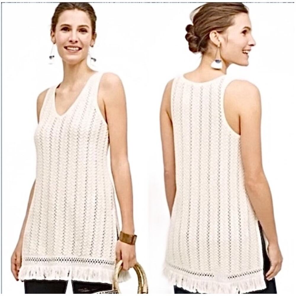 Anthropologie Size S Sleeveless Knit Tunic Fringe Hem Cream - Picture 2 of 12